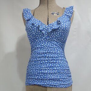 NIPTUCK SWIM TANKINI BLUE WHITE POLKA DOTS RUFFLE VNECK MULTI FIT CUP SIZE 10